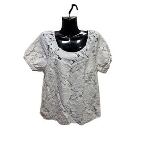 Monteau Los Angeles White‎ Floral Lace Short Sleeve Blouse Size L Scoop Neck